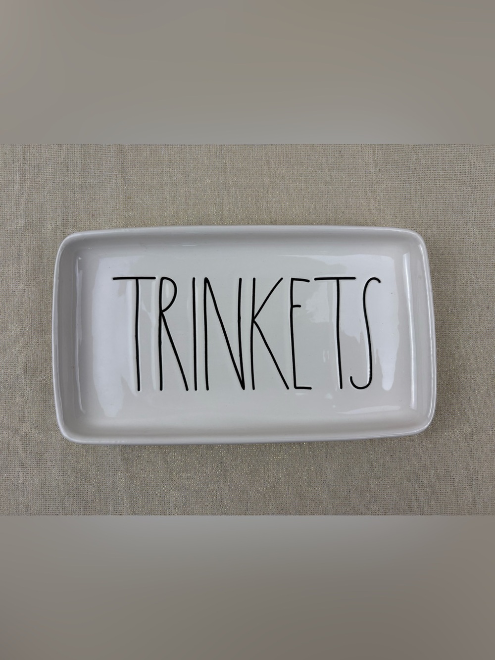 Rae Dunn by Magenta White Ceramic Tray Labeled “TRINKETS” in Black Lettering